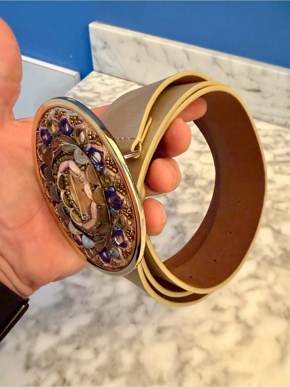 Chicos Western Jeweled Buckle Genuine Leather Belt Gold L 41” NWOT New